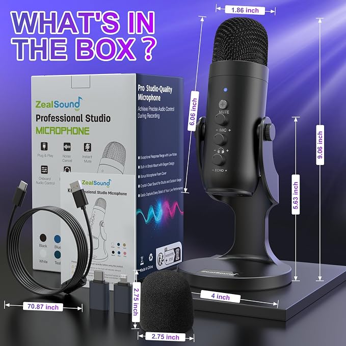 ZealSound Podcast Microphone for PC, Noise Cancellation USB Mic with Gain, Volume Adjustment & Mute Button, Monitoring & Echo, for YouTube, TikTok, Podcasting, Streaming, iPhone, iPad, Android, Mac - Image 9