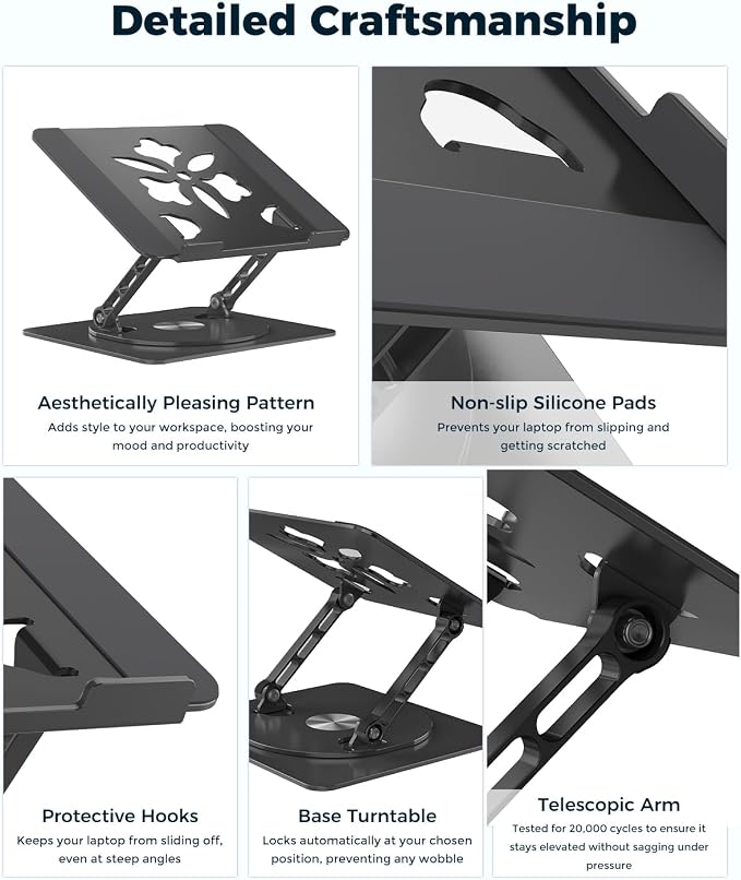 Aoviho 360° Rotating Laptop Stand for Desk | Adjustable, Foldable, Portable Aluminum Ergonomic Riser | Compatible with MacBook, Dell, HP & All Laptops 10-16 inch | Black - Image 7