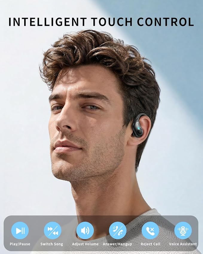 Active Noise Cancelling Ear Buds Wireless Earbuds 90H Playtime Bluetooth Headphones Stereo Bass Over-Ear Hooks Earphones with Power Display Case IPX7 Waterproof Headset for Workout/Running, Black - Image 8
