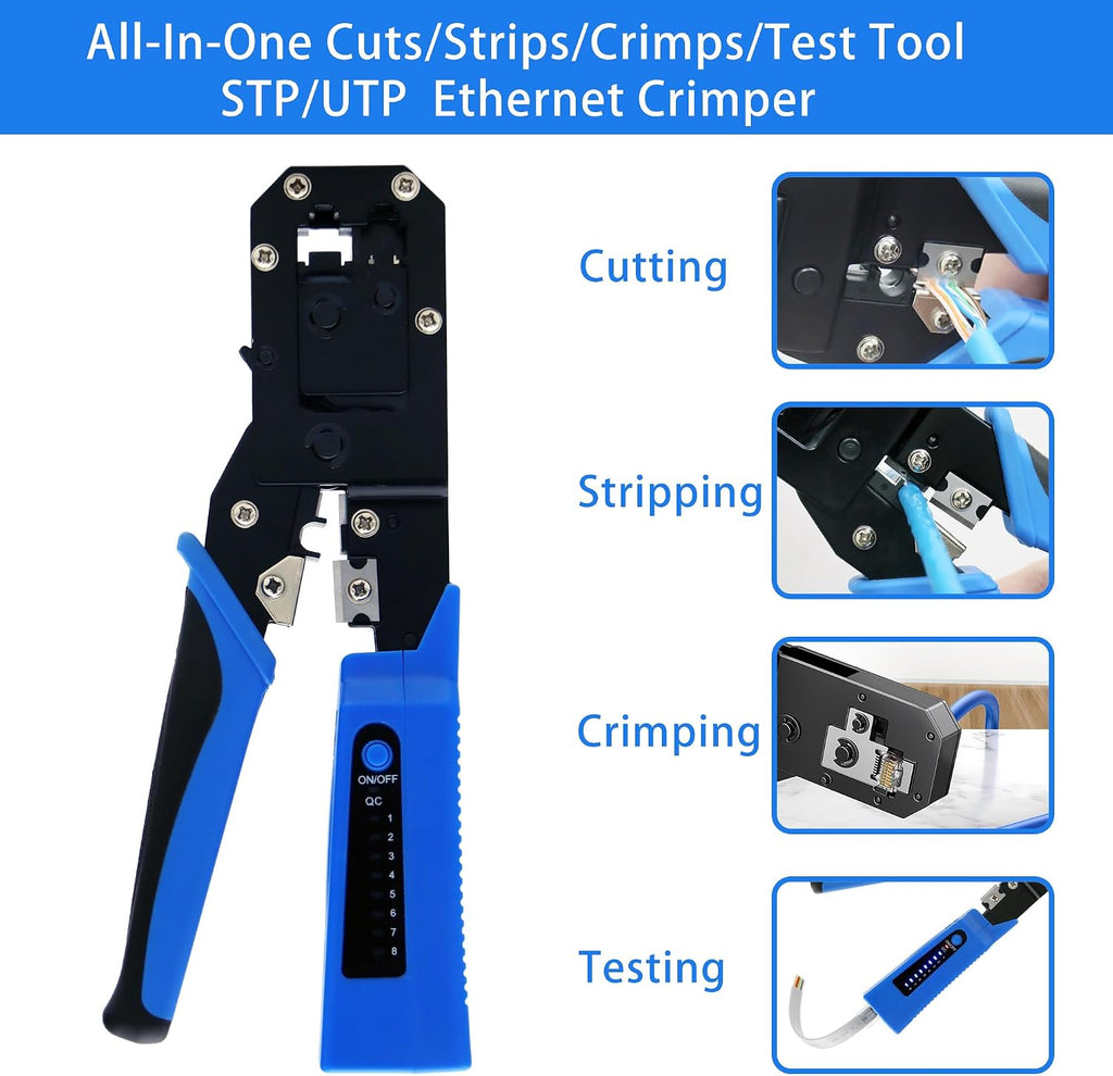 RJ45 Crimp Tool Kit All-in-One Ethernet Crimper Cat6 Cat5 Cat5e Crimping Tool with Network Cable Tester, 50-Pack Cat5e RJ45 Connector, 50-Pack Connector Boots - Image 2