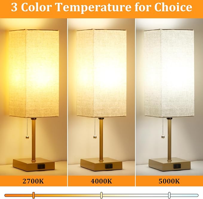 Table Lamp for Bedroom set of 2,3-Color Bedside Lamps with Pull Chain | Table Lamps for Nightstand with AC Outlets,18'' Night Light Lamps with 2 Bulbs Lamps for Living Room Kids Office Decor（Glod） - Image 2