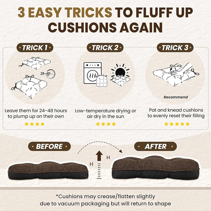 downluxe Indoor Chair Cushions for Dining Chairs, Tufted Overstuffed Textured Foam Kitchen Chair Pads with Ties and Non-Slip Backing, 15.5" x 15.5" x 4", Brown, 6 Pack - Image 7