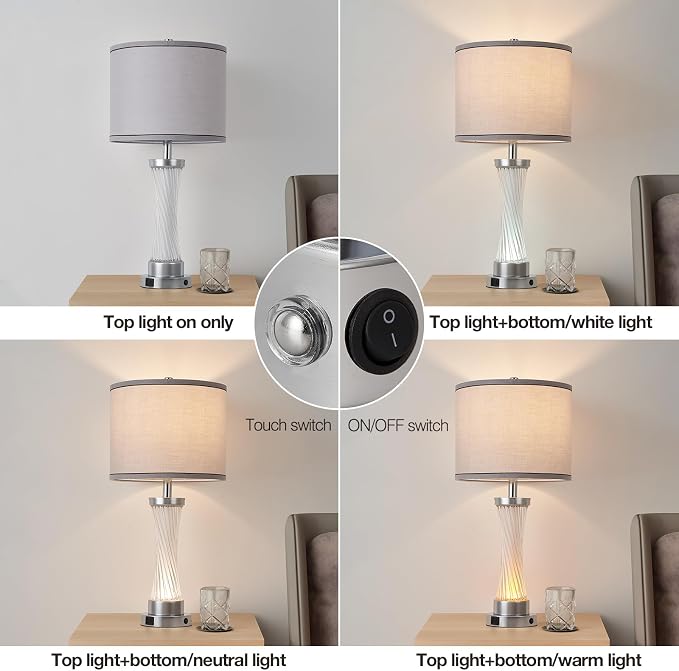3-Way Dimmable Table Lamp Set of 2,Touch Control Lamp with Night Light,Modern Crystal Table Lamps for Bedroom,Living Room，Bedside Lamps with USB A+C Ports，Fabric Lampshade(Blubs Included) - Image 3