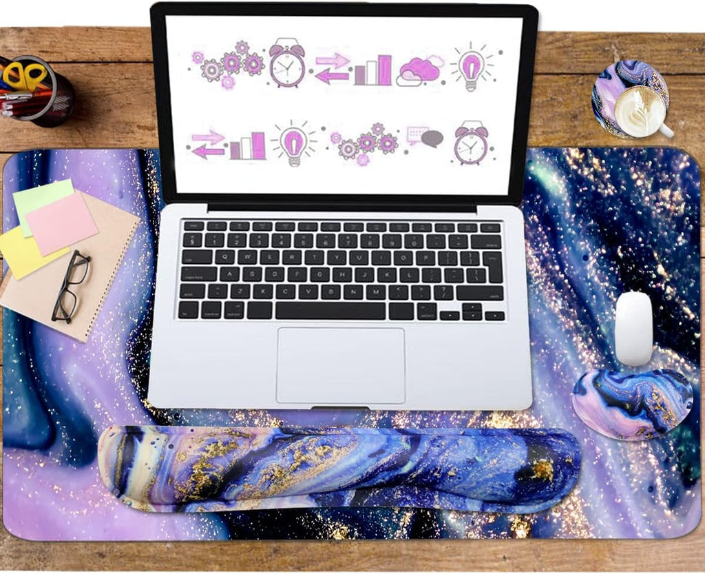 4-in-1 Large Gaming Mouse Pad, Keyboard Wrist Rest Pad & Wrist Support Mousepad Set, Extended Desk Pad Waterproof Desk Mat for Home Office Study Game - Purple Marble - Image 5