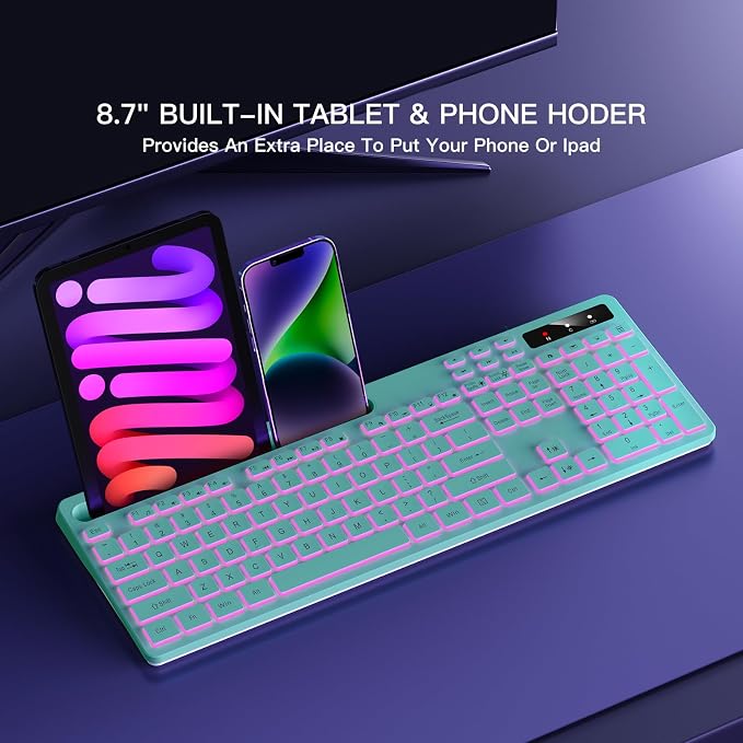 Wireless Keyboard with 7-Color RGB Backlit, Soueto Full-Size Computer Keyboard with Phone Tablet Holder, 2.4G Rechargeable Gaming Keyboard with Light Up Keys, Compatible with Mac, Windows (Mint Green) - Image 4