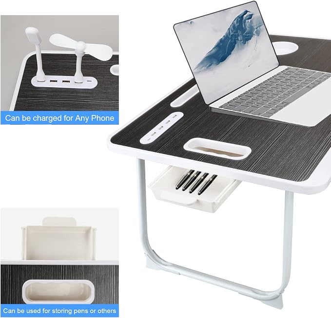 Laptop Bed Table, Laptop Desk for Bed, Foldable Laptop Bed Desk with USB Charge Port, Handle, Desktop Card Slot, Cup Slot, Side Drawer, Portable Laptop Table for Bed Eating Reading Working - Image 6