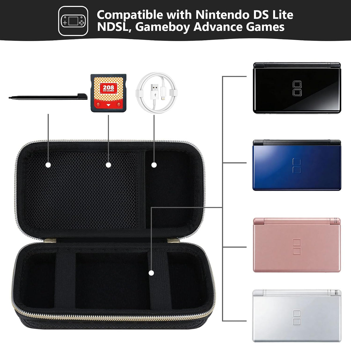 Supmay Hard Carrying Case Compatible with Nintendo DS Lite NDSL, Gameboy Advance Games Storage Holder Travel Bag with Mesh Pocket for USB Charging Cable, Stylus, Earphones, Game Cartridge, Black - Image 2