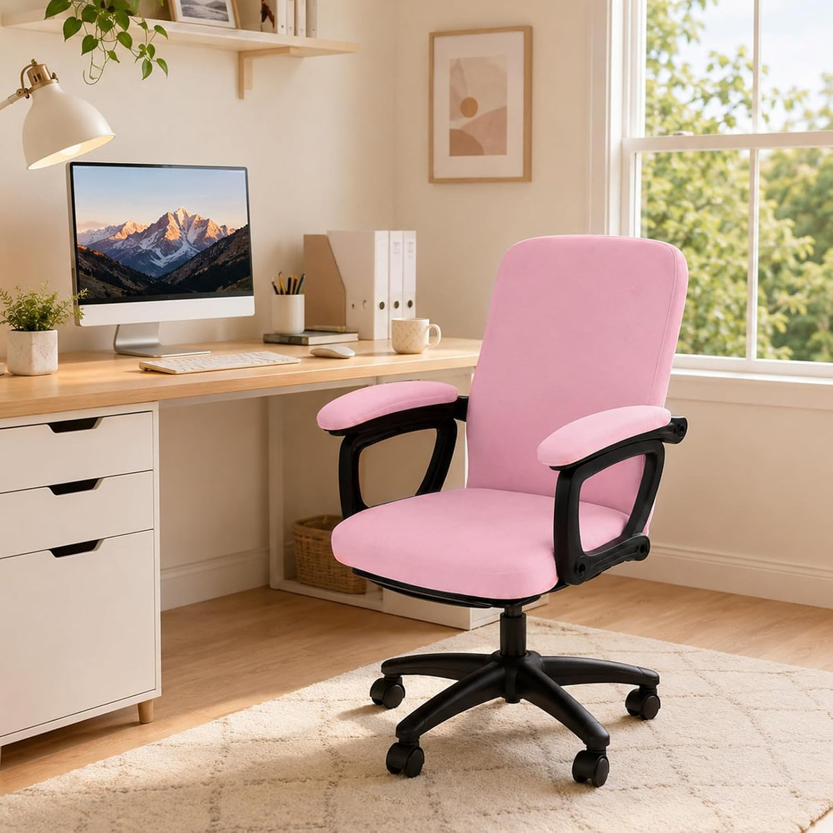 4 Pcs Office Chair Covers Set with Armrest, Stretchable Pink - Image 7