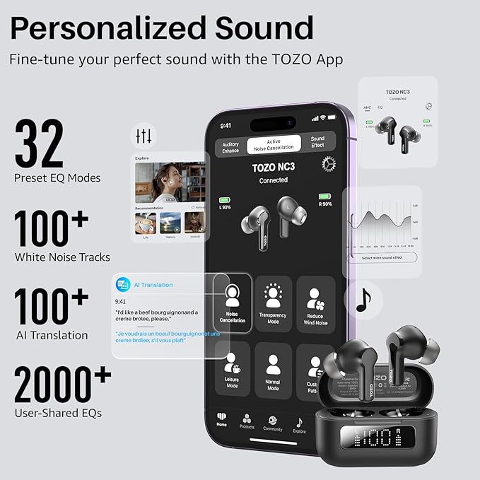 TOZO Hybrid Active Noise Cancelling in Ear Wireless Earbuds, 68H Playtime | 6 Mics AI Clear Calls, LED Display, 32 Preset EQs App, Bluetooth 5.3 Headphones, IPX8 Waterproof, Comfort Fit Ear Buds Black - Image 6