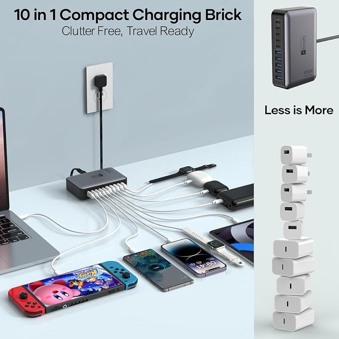 USB C Charger Block 10 Ports, 450W USB Charging Station for Multiple Devices, 5 Type C + 5 USB A GaN PD Charger Hub, Compact Power Brick Super Fast Charging for MacBook, Ipad, iPhone, Samsung - Image 3