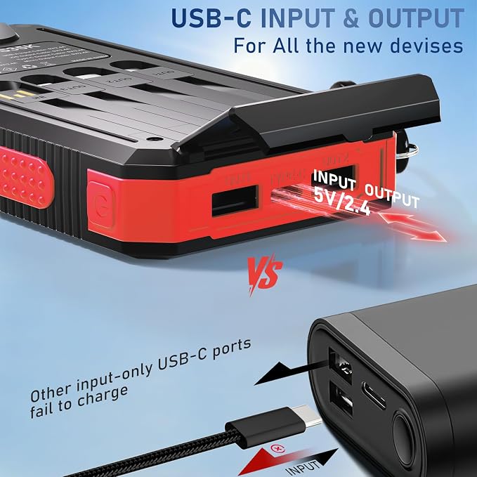 Solar Charger Power Bank 20,000mAh, Portable Charger, 4 Cables 3 Ports Fast Charging External Battery Pack with USB C for Cell Phones, Solar Panel Charger with Dual Flashlight for Camping Red - Image 6