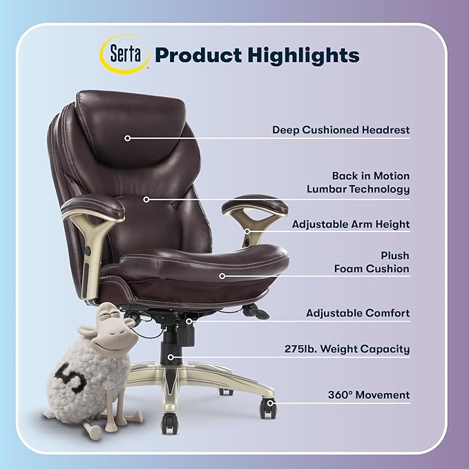 Serta Ergonomic Home Office Chair Pivot Lumbar Support, Leather Desk Chair | Claremont, Adjustable Arms, Height & Tilt, Foam Seat & Headrest Cushion, Home Gaming Chair lower Back Pain, Chestnut Brown - Image 4