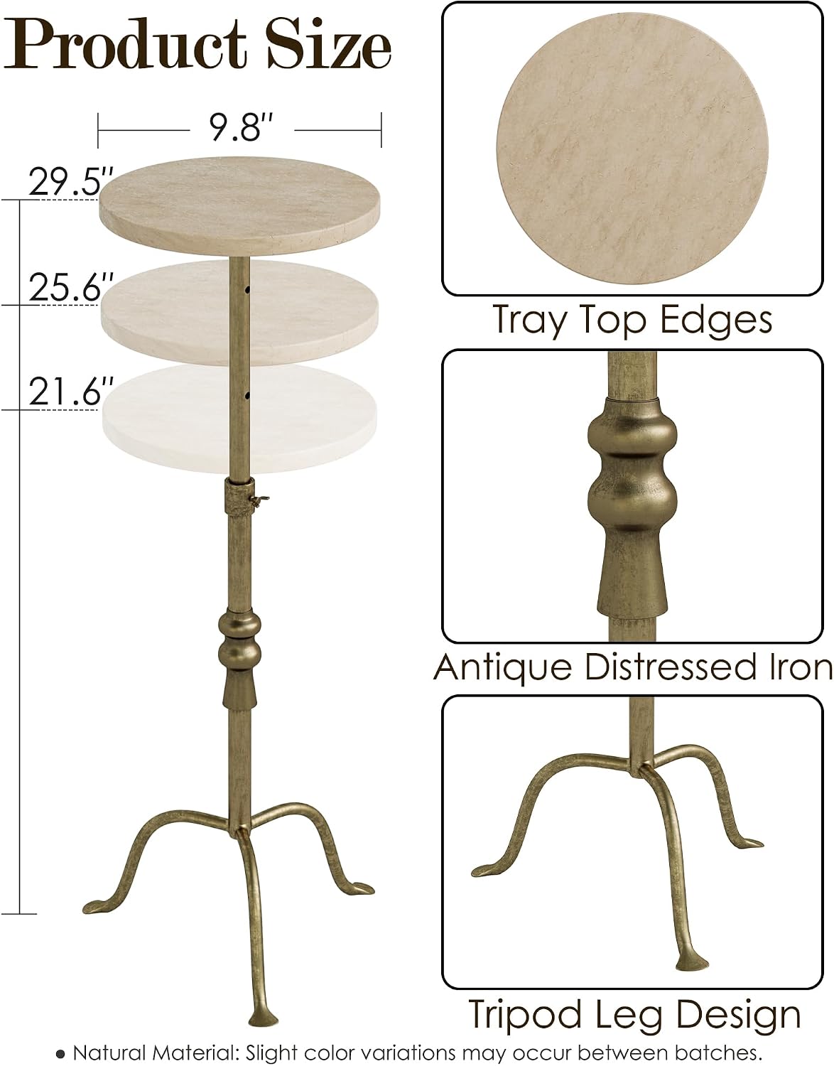 Adjustable Height Round Pedestal Table - 10x10x22-30 Inch, Beige Travertine - Image 3