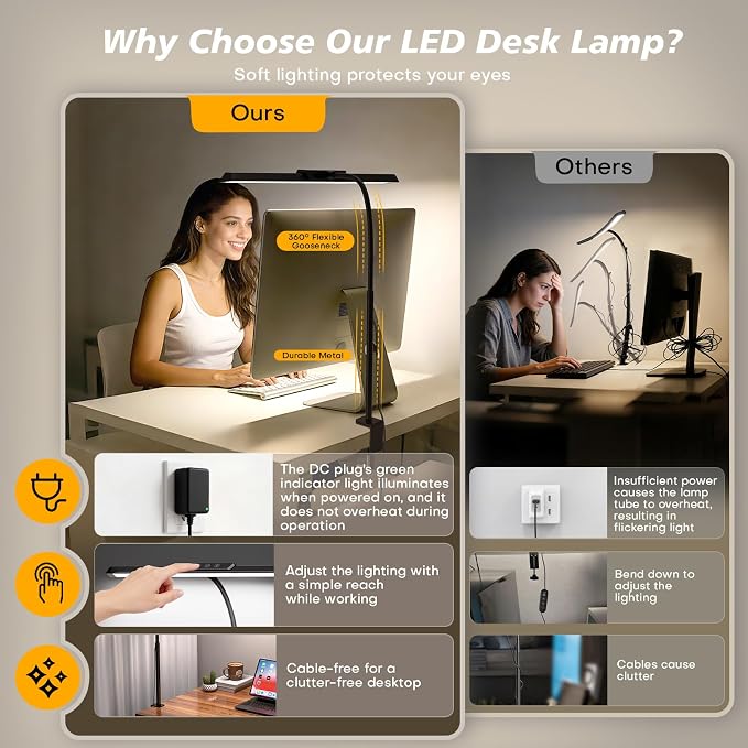 LED Desk Lamp with Clamp, Stepless Dimming Flicker-Free for Home Office | Architect Lamp, DC Adapter, 25 Modes, 12.8in Flexible Gooseneck, Eye-Friendly for Workbench & Reading - Image 4