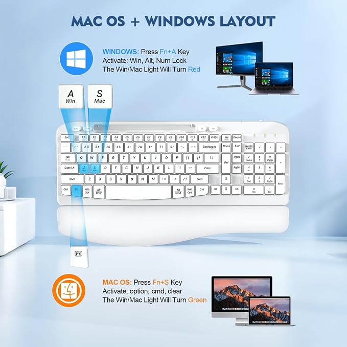 EAYBLLY 2.4G Wireless Ergonomic Keyboard, Full Size Wave Keys with Memory Foam Wrist Rest & 7.28in Phone Holder, USB-C Adapter Included for Windows Mac Chrome OS, Office or Home (White) - Image 8