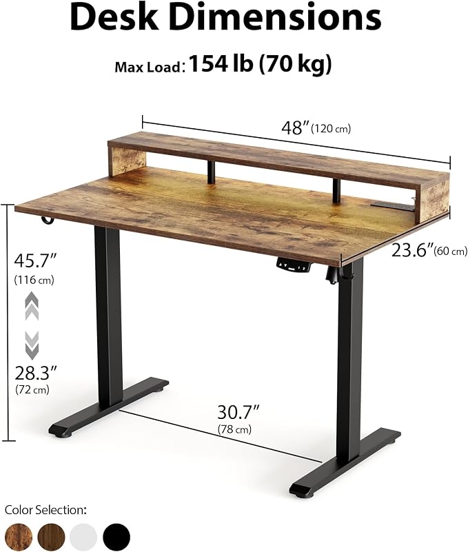 Agilestic 48*24 Inch Electric Standing Desk with Shelf & Led, Rustic Brown | Electric Height Adjustable, Outlets&Led, Monitor Stand, Sturdy Steel Frame, Memory Presets, Hooks, 154 lbs, Splice Board - Image 2