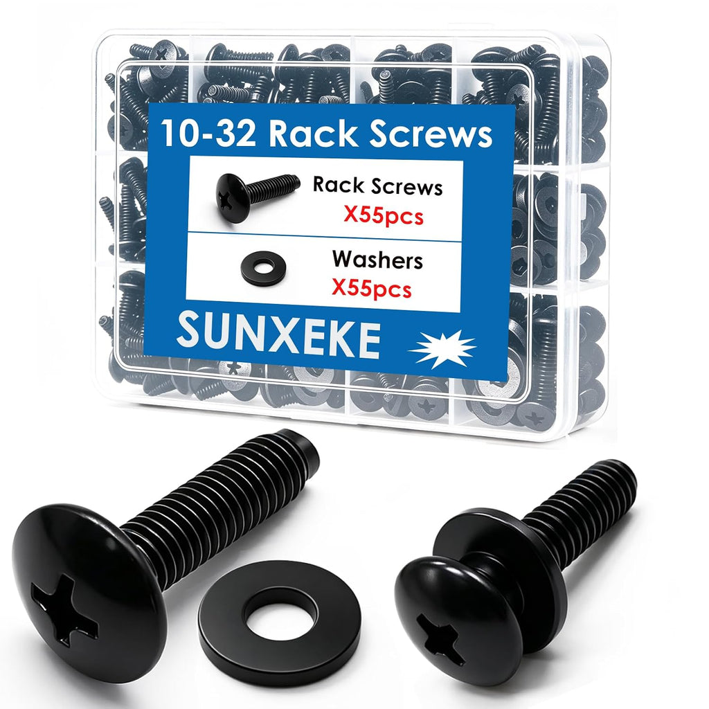 10-32 Rack Screws 55-Pack with Nylon Washers, Universal Rack Mount Fasteners for Server Racks, Network Cabinets, Audio Mounts, Recording Studio, AV Rackmount Hardware by Sunxeke