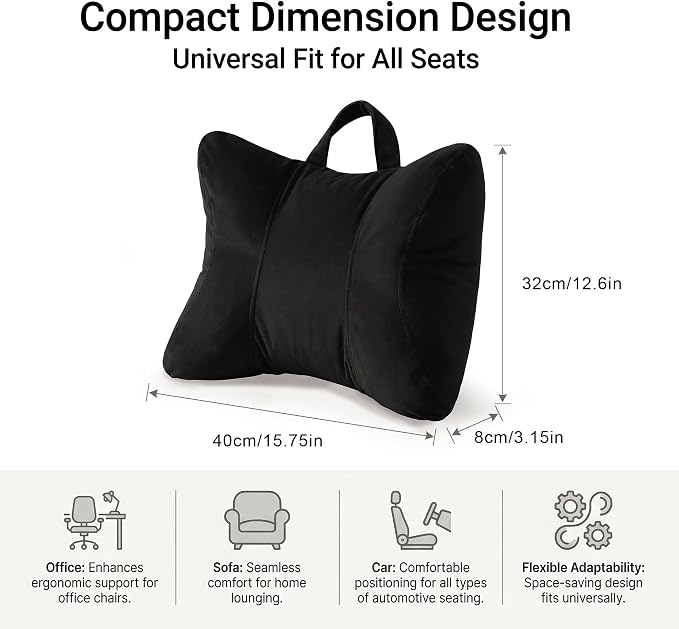 Lumbar Pillow for Car Seat and Office Chair, Classic Black | Ergonomic back support cushion with a removable, washable corduroy cover for driving, desk chairs, sofas and recliners - Image 4