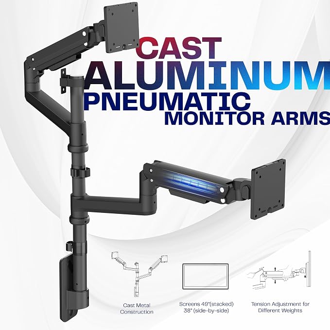 VIVO Pneumatic Arm Dual Ultrawide Monitor Wall Mount for Up to 49 inch Screens, Holds 2 Ultra Wides Up to 33.5 lbs Each, Black, MOUNT-V120K - Image 5