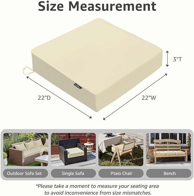 PatioGlow Outdoor Chair Cushions 22 x 22 x 3 Inch, Waterproof & Fade Resistant Patio Seat Cushion for Furniture with Handle and Ties, Thick Seating Pads for Outside Sofa Couch Set of 2, Beige - Image 2