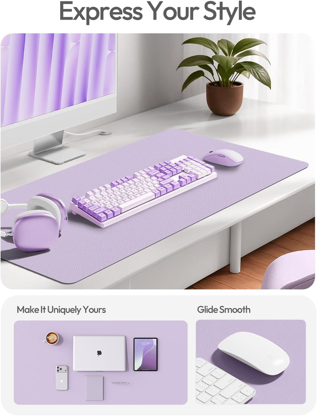 YSAGi Leather Desk Pad Protector, Office Desk Mat, Large Mouse Pad, Non-Slip PU Leather Desk Blotter, Laptop Desk Pad, Waterproof Desk Writing Pad for Office and Home (Light Purple, 55" x 24") - Image 3