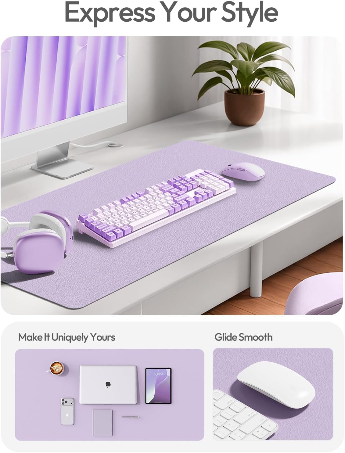 YSAGi Leather Desk Pad Protector, Office Desk Mat, Large Mouse Pad, Non-Slip PU Leather Desk Blotter, Laptop Desk Pad, Waterproof Desk Writing Pad for Office and Home (Light Purple, 55" x 24") - Image 3