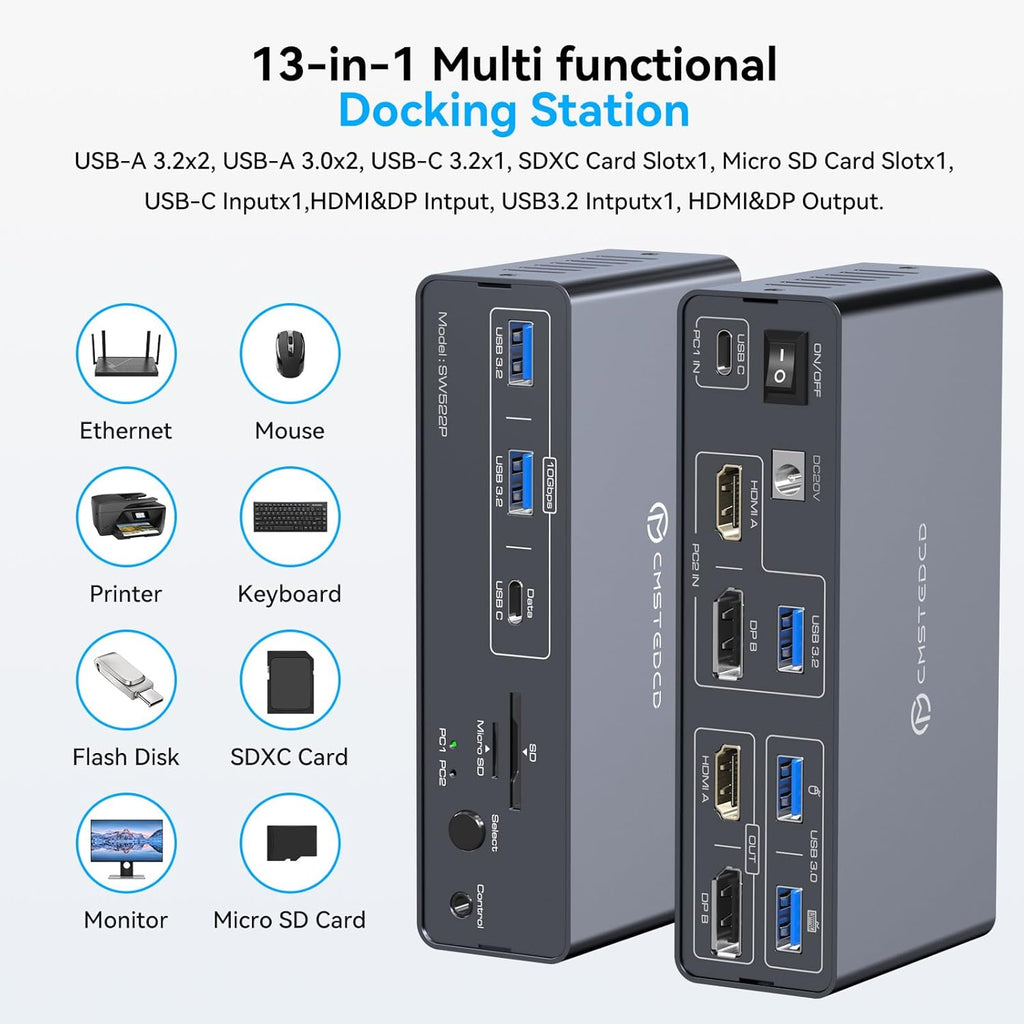 KVM Switch 2 Monitors 2 Computers Docking Station USB C + HDMI/DP Input with 100W PD, 4K60Hz/4K120Hz Displayport HDMI Dual Monitor for Laptop and Desktop Share 13-in-1 Dock Aluminum Case Plug and Play - Image 6
