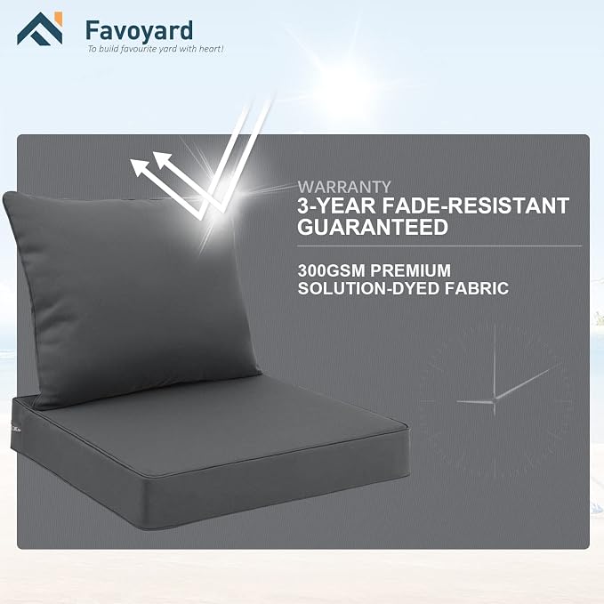 Favoyard Outdoor Patio Seat Cushions Set, 22x22 Inch, Waterproof, Dark Gray | Fade-Resistant, Removable Cover, Deep Seat & Back Cushion, Tie Straps for Patio Furniture, Garden, Rocking Chair, Sofa Couch - Image 5