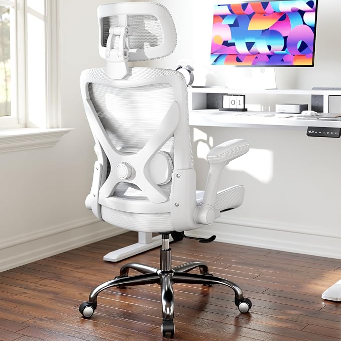 Ergonomic Office Chair:Home Office Desk Chairs with Headrest Lumbar Support | Ergalithic Ergonomic Desk Chair X-Shaped Mesh PU Leather Executive Computer Chair High Back Flip-Up Arms for Long Hour - Image 2