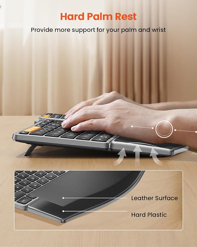 ProtoArc Wireless Ergonomic Keyboard with Separate Number Pad - Space Gray | 2.4G and Dual Bluetooth, Hard Palm Rest, Split Design, Rechargeable, Compatible with Windows, Mac - Image 3