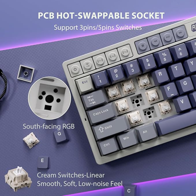 RK ROYAL KLUDGE M65 Wireless Mechanical Keyboard with Volume Knob, 60% Tri-Mode Gaming Keyboard 2.4G/BT/USB-C, Gasket Mount, Battery Display, PBT Keycaps, Hot-Swappable Beige Switch, Blue - Image 4