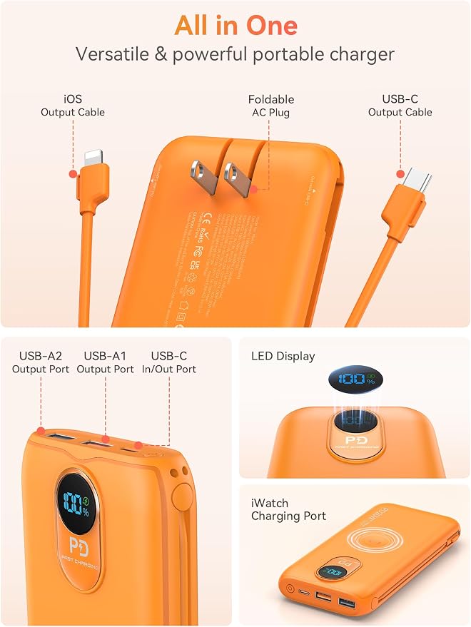 Portable Charger Power Bank 10000mAh PD20W w/Built-in Cables & AC Plug | Portable charger iphone,Fast charging, Built-in wall plug, LED display, Charge 6 devices at once, Pass through charging - Image 4