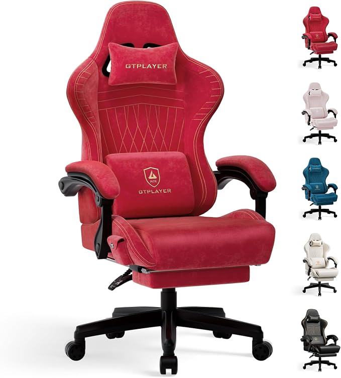 GTPLAYER Gaming Chair with Speakers, Video Game Chairs with Footrest, PC Gamer Chairs for Adults - Padded High Back Ergonomic Reclining Silla Gamer, Linkage Armrest, Ace Pro, Cherry Red（Velvet） by GTPLAYER