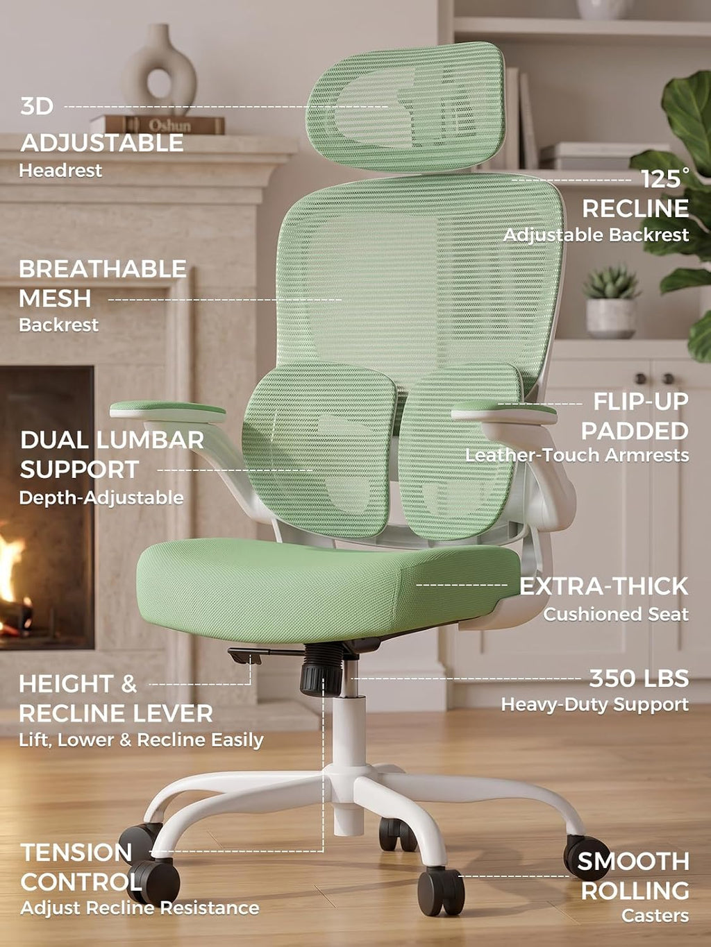 Ergonomic Office Desk Chair, Adjustable Dual Lumbar Support & Thick Seat - Image 5