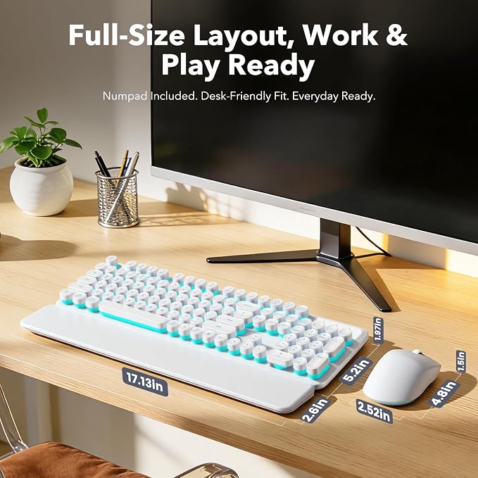 Wireless Keyboard and Mouse Combo, Backlit Round Keycaps, Retro Typewriter Keyboard with Detachable Wrist Rest, Rechargeable & Tilt Legs, 2.4GHz Cordless Connection for Windows/PC (Glowing White) - Image 8