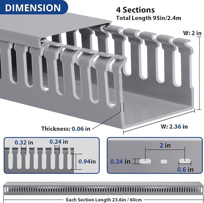 ZhiYo 2" H x 2.4" W Cable Management Raceway, 95in Under Desk Channel, Grey | Slotted Wire Duct, 4Pack, 23.6in Each, Heavy-Duty PVC Cable Management for Server Racks, Network Cables & Electrical Cabinets - Image 2