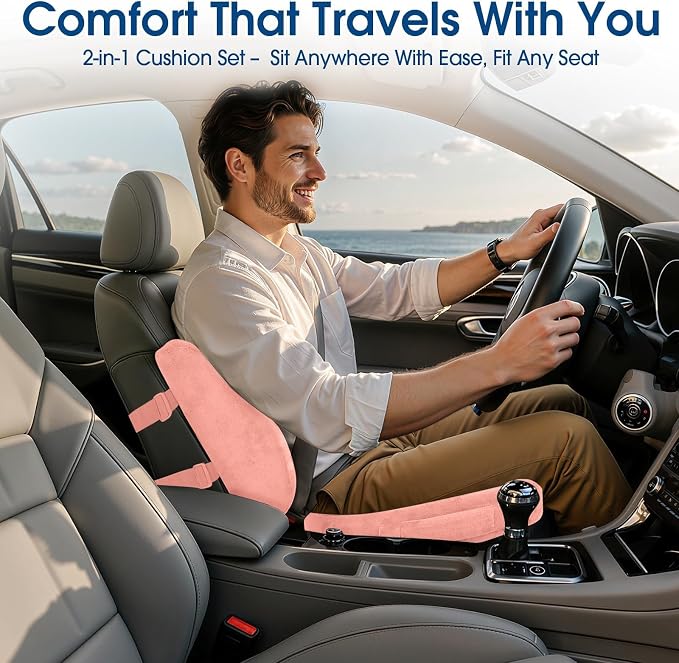CloudBliss Ergonomic Seat Cushion & Lumbar Support Pillow Set, Pink, XL | Back Pain & Sciatica Relief, Memory Foam Support, Adjustable Straps, Machine Washable Velvet, Perfect for Office, Car, Gaming - Image 4