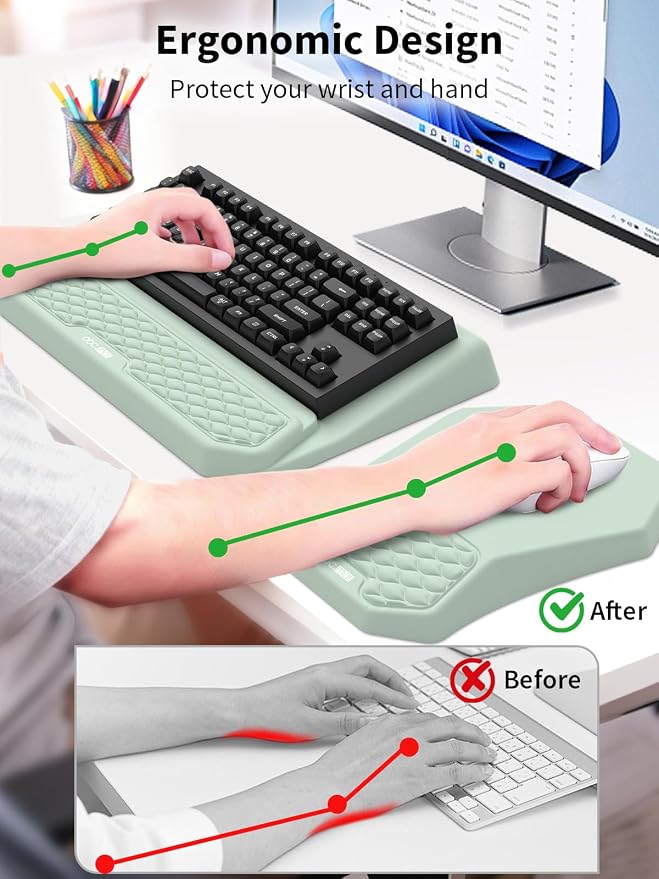 3-in-1 Ergonomic Keyboard Stand with Wrist Rest & Mouse Pad Set,Light Green | Comfy Keyboard Riser Holder Soft Mousepad with Massage Design, Memory Foam and Non-Slip PU Base for Pain Relief - Image 2