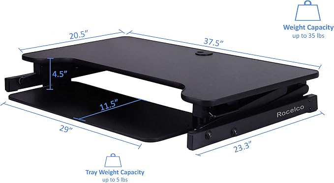 Rocelco 37.5" Deluxe Height Adjustable Standing Desk Converter with Dual Monitor Mount BUNDLE - Quick Sit Stand Up Computer Workstation Riser - Large Retractable Keyboard Tray - Black (R DADRB-DM2) - Image 4