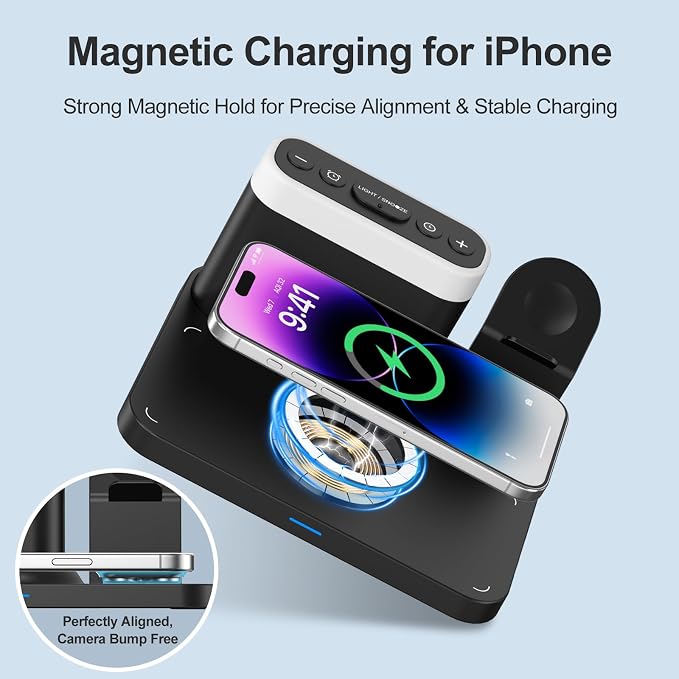 ANJANK Wireless Charging Station,5 in 1 Multiple Charger Stand with Alarm Clock,7 Night Light,Magnetic Charging Dock for iPhone 17 16 15 14 13 12 Pro Max Plus,Apple Watch 11/10/9/8,for Airpods,Bedroom - Image 4