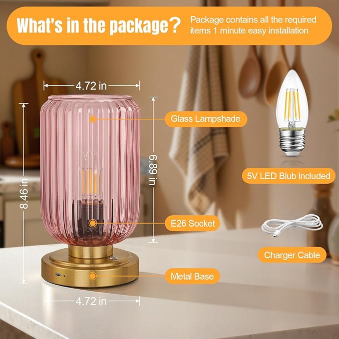 LightRound Cordless Table Lamp for Bedroom, Touch Stepless Dimmable | 7500mAh Rechargeable Battery, Pink Glass Shade, Brushed Gold Base, Bulb Included, Modern Wireless Lamp for Desk, Living Room - Image 6