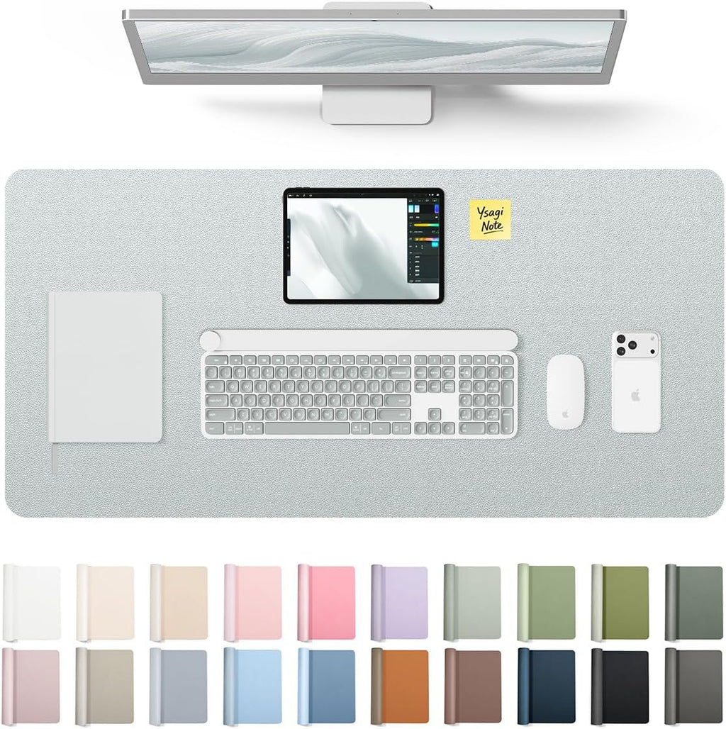 YSAGi Leather Desk Pad Protector, Office Desk Mat, Large Mouse Pad, Non-Slip PU Leather Desk Blotter, Laptop Desk Pad, Waterproof Desk Writing Pad for Office and Home (Silver, 35.4" x 17") by YSAGi