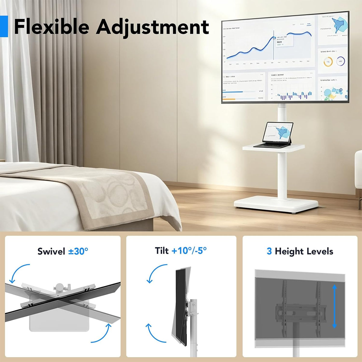 Floor TV Stand with Mount for 26-60 inch TVs up to 77 lbs, Height Adjustable Swivel Tilt TV Stand with Wood Base & Shelf, Saving Space Design for Bedroom, Living Room and Corner, White - Image 2
