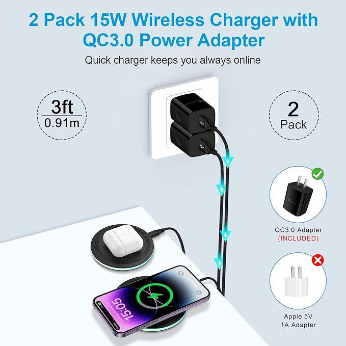 2Pack Samsung Fast Wireless Charging Pad with Adapter for S26 S25 S24 Ultra | 15W Wireless Charger Station for Samsung Galaxy S26+ S25 FE S25 Edge S23 Z Fold Flip8, Google Pixel 10 9 8, iPhone 17 16 15 - Image 4