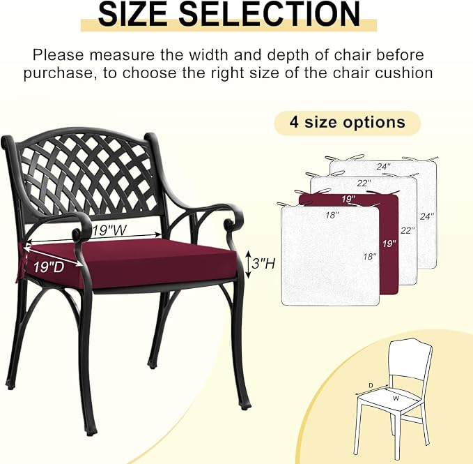 downluxe Waterproof Outdoor Chair Cushions Set of 2, 19" x 19" x 3" Patio Chair Cushion with Non-Slip Ties & Handle, Square Outdoor Cushion for Patio Furniture with Removable Cover, Burgundy - Image 6