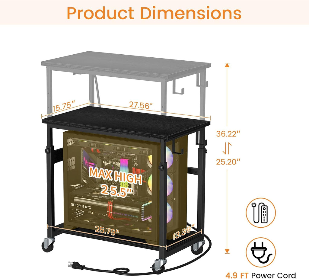 Snughome Oversized Computer Tower Stand with Extended Top & Charging Station, 25.2''-36.2'' Height-Adjustable PC Tower Stand, Rolling CPU Cart with Lockable Wheels for Office Home Gaming - Image 3