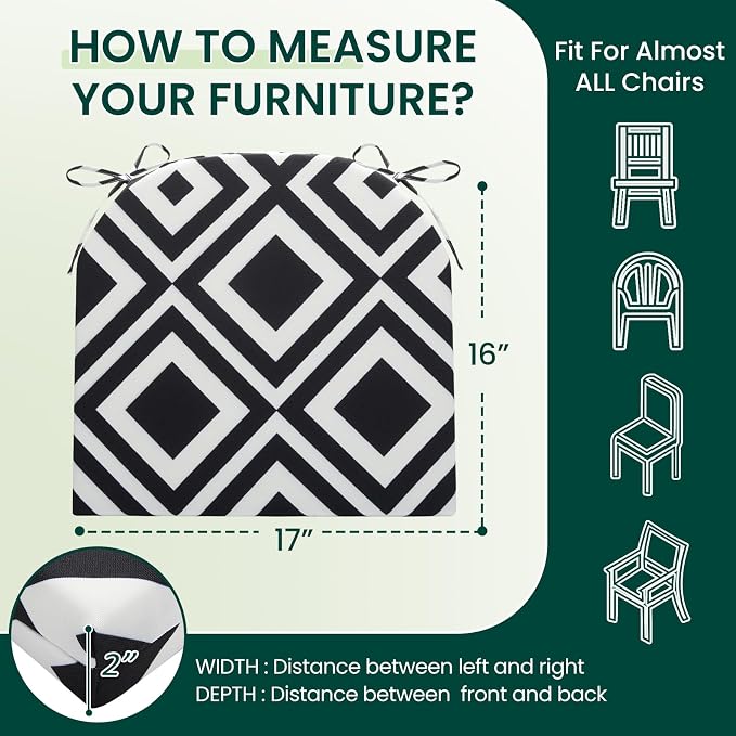 HARBOREST Outdoor Chair Cushions Set of 6, Water Resistant Patio Chair Cushions with Ties, Outdoor Seat Cushions for Patio Furniture, 17"x16"x2", Black/White Diamond - Image 6