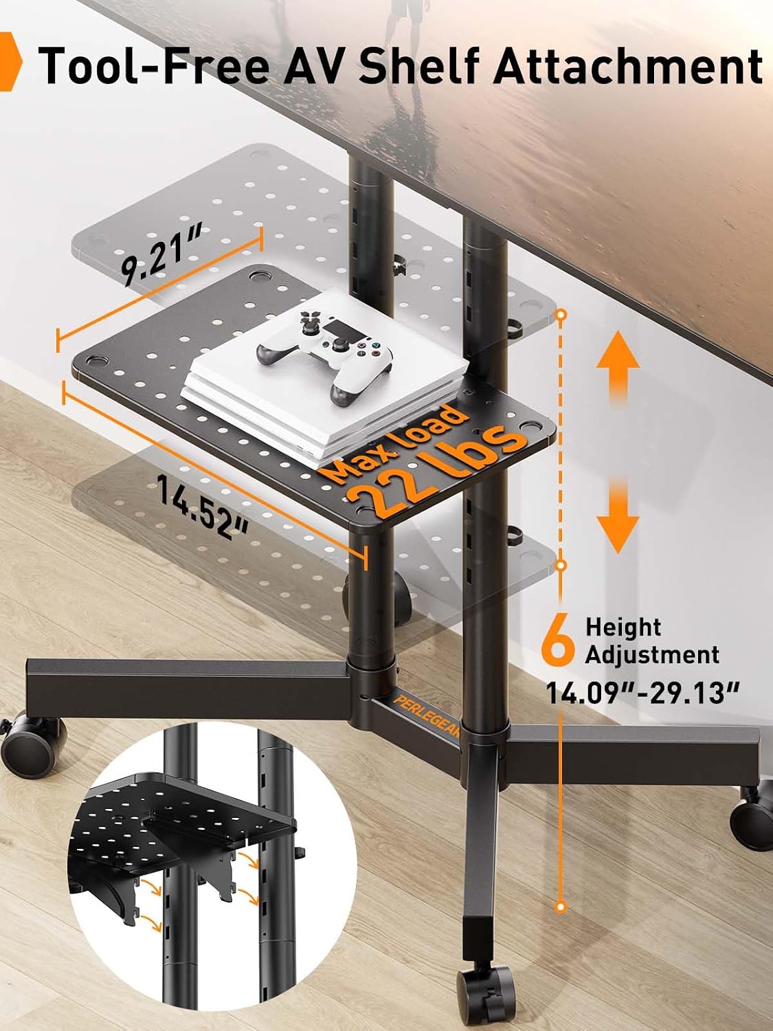 Perlegear Rolling TV Stand, Mobile TV Stand with Wheels for 32-75 inch TVs, Height Adjustable Mobile TV Cart with -15° to +5° Tilt, Rolling Cart for 4K TV Max VESA 400x400mm up to 88lbs, PGTVMC14 - Image 2