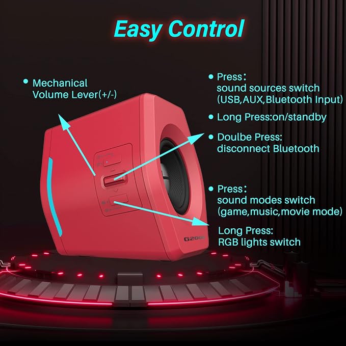 Edifier G2000 32W PC Gaming Computer Speakers for Laptop Mac Desktop Computer Woofer Speakers Bluetooth USB 3.5mm AUX Inputs RGB Lights Multimedia Speakers Red - Image 8
