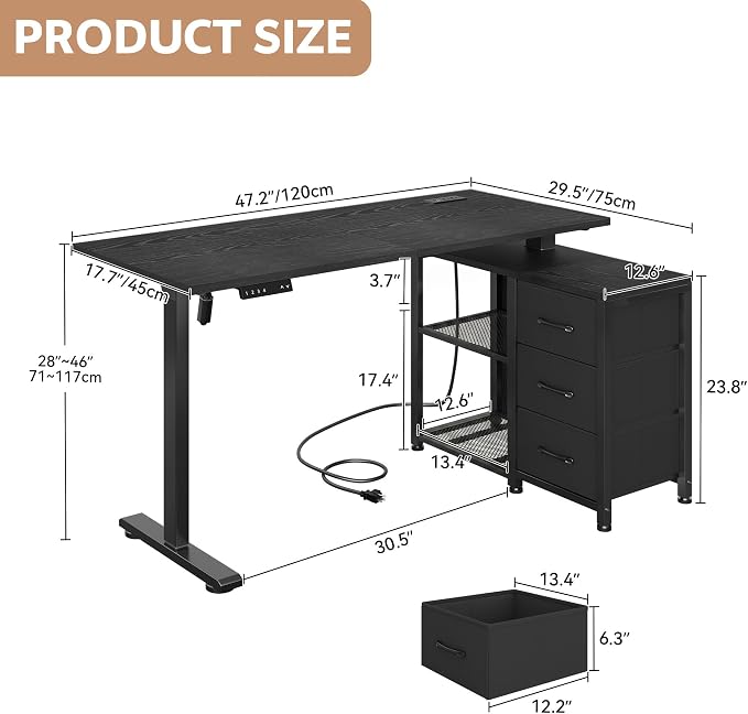 47 Inch L Shaped Desk with 3 Drawers Electric Standing Desks Black | with Storage Computer Table Adjustable Height with Power Outlets 4 Memory Presets for Home Office, Black - Image 2